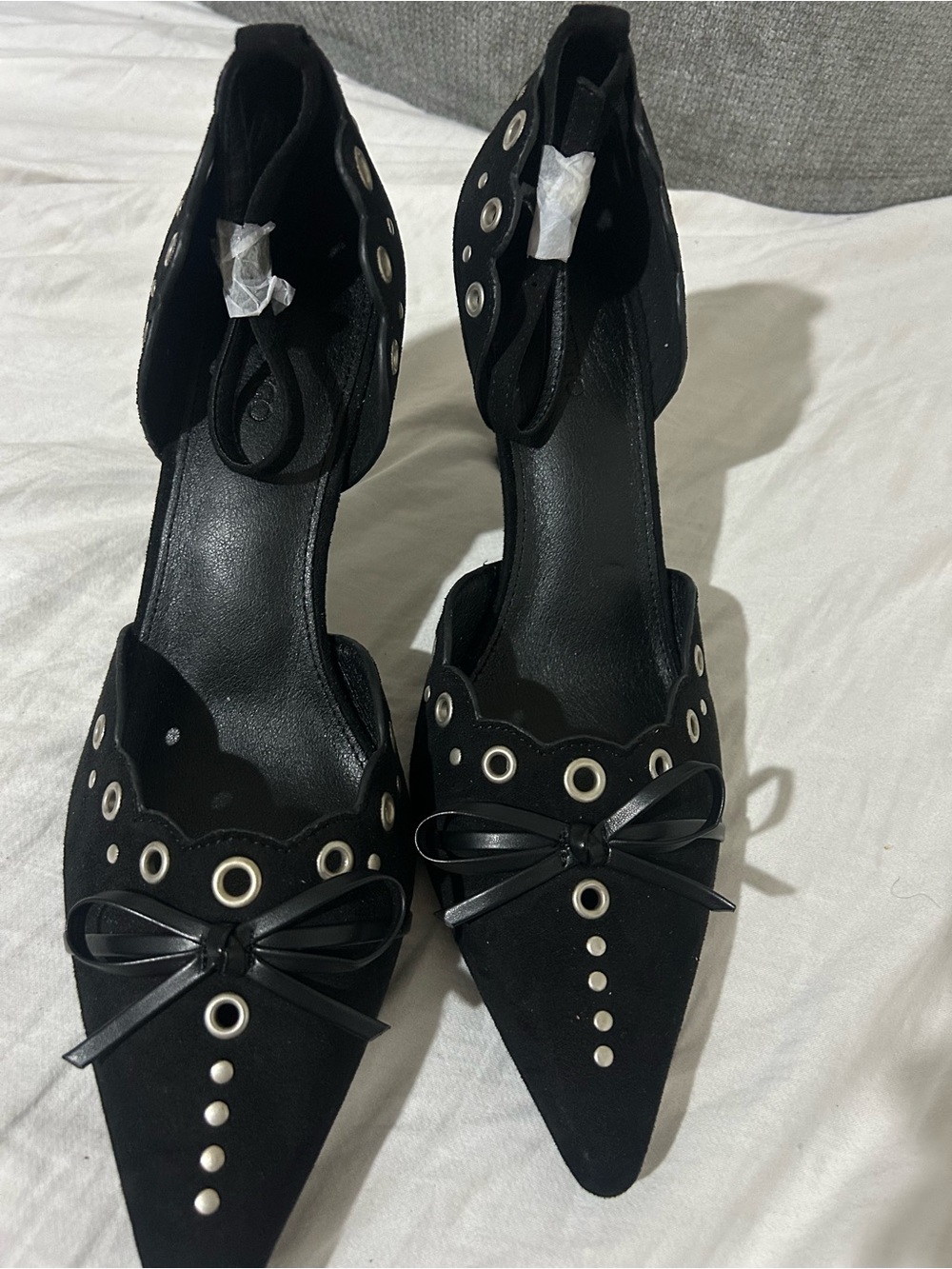 Black Pointed Ankle-Strap Heels with Eyelet Detail